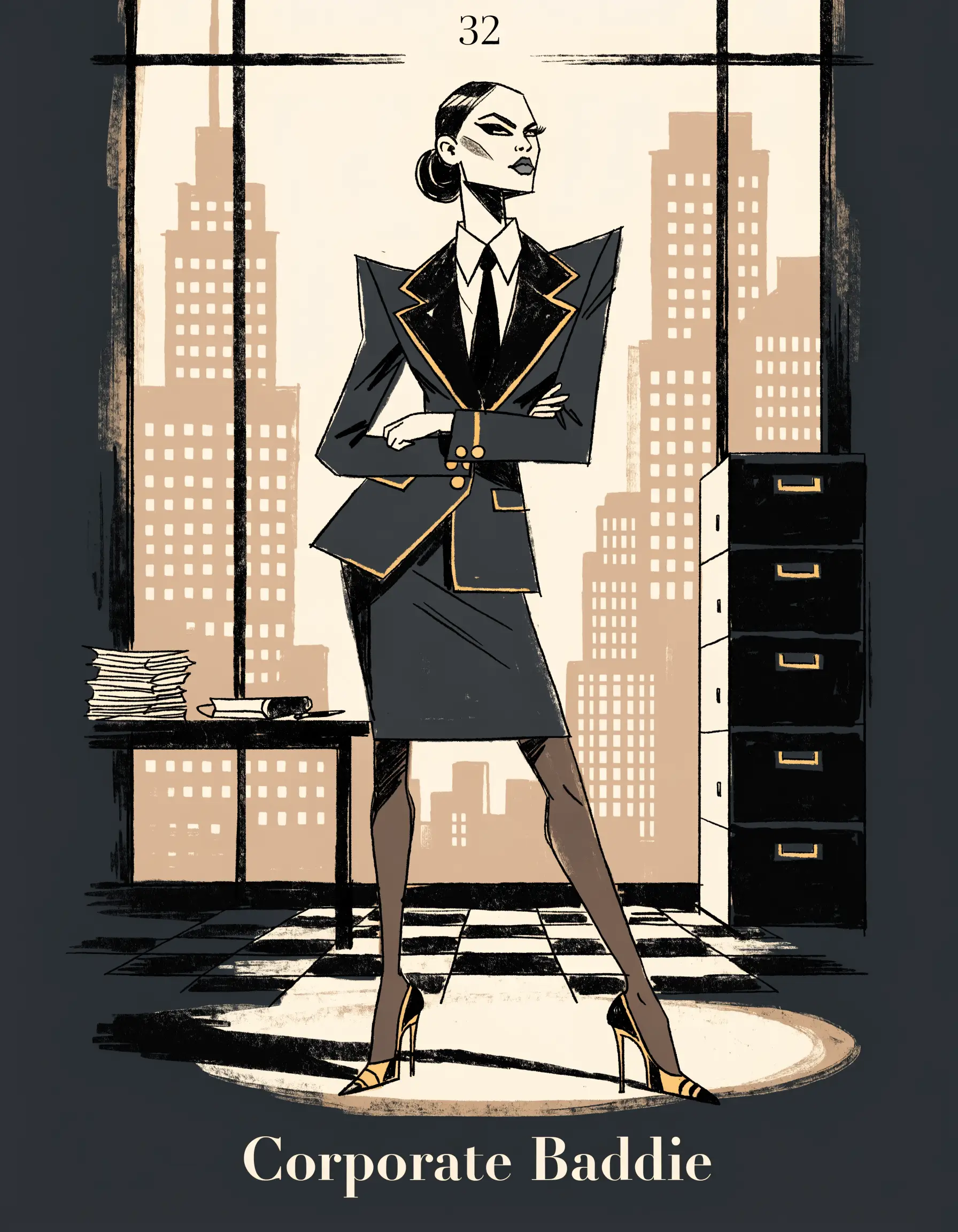Illustrated Corporate Baddie archetype portrait, ranked number 32