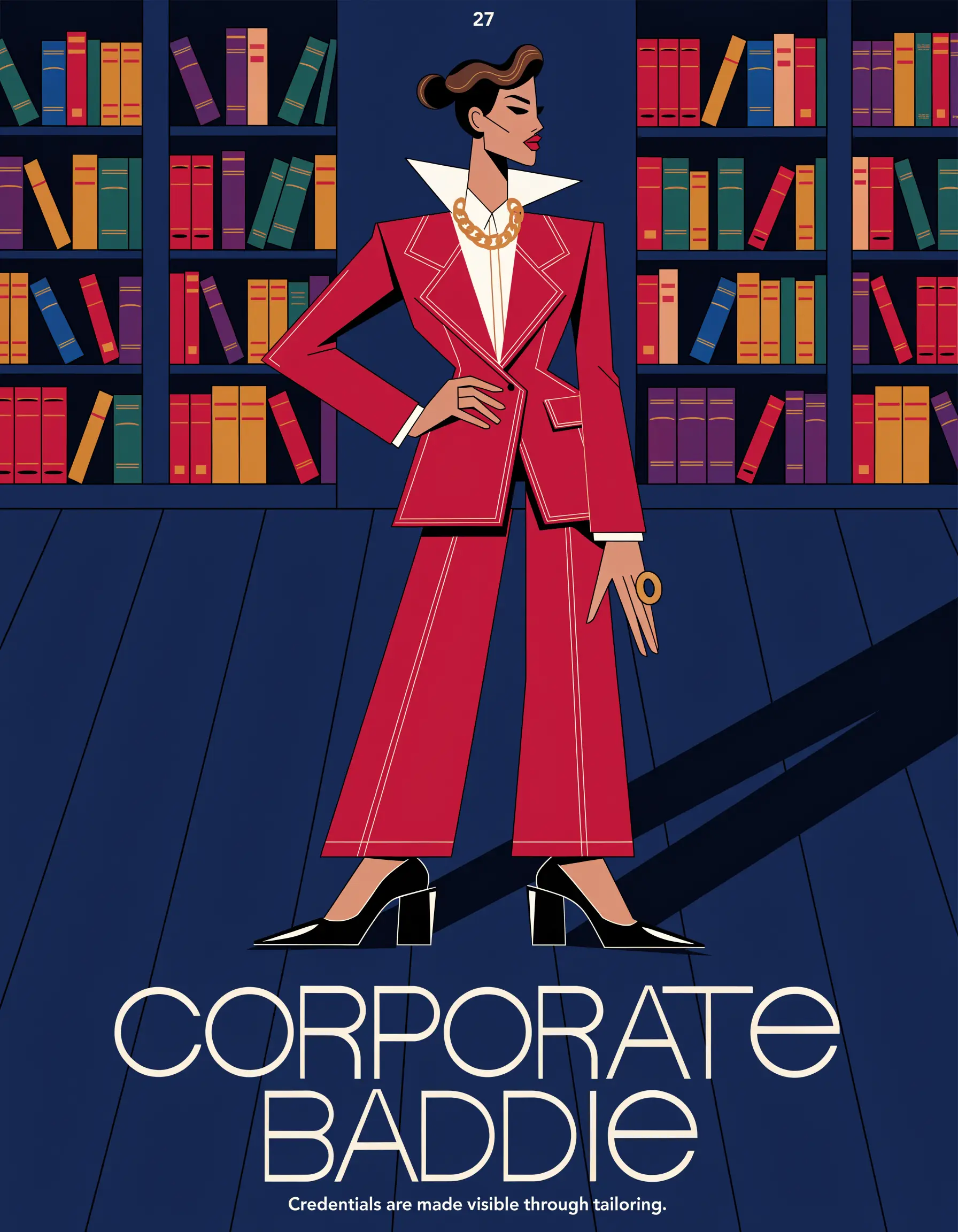 Illustrated Corporate Baddie archetype portrait, ranked number 27
