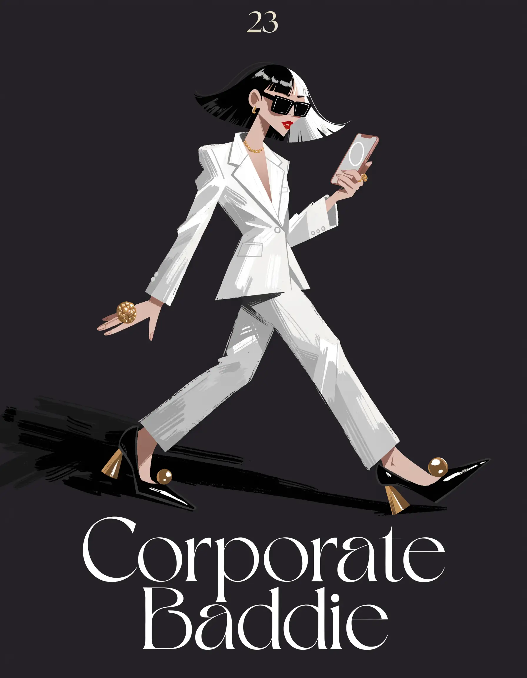 Illustrated Corporate Baddie archetype portrait, ranked number 23