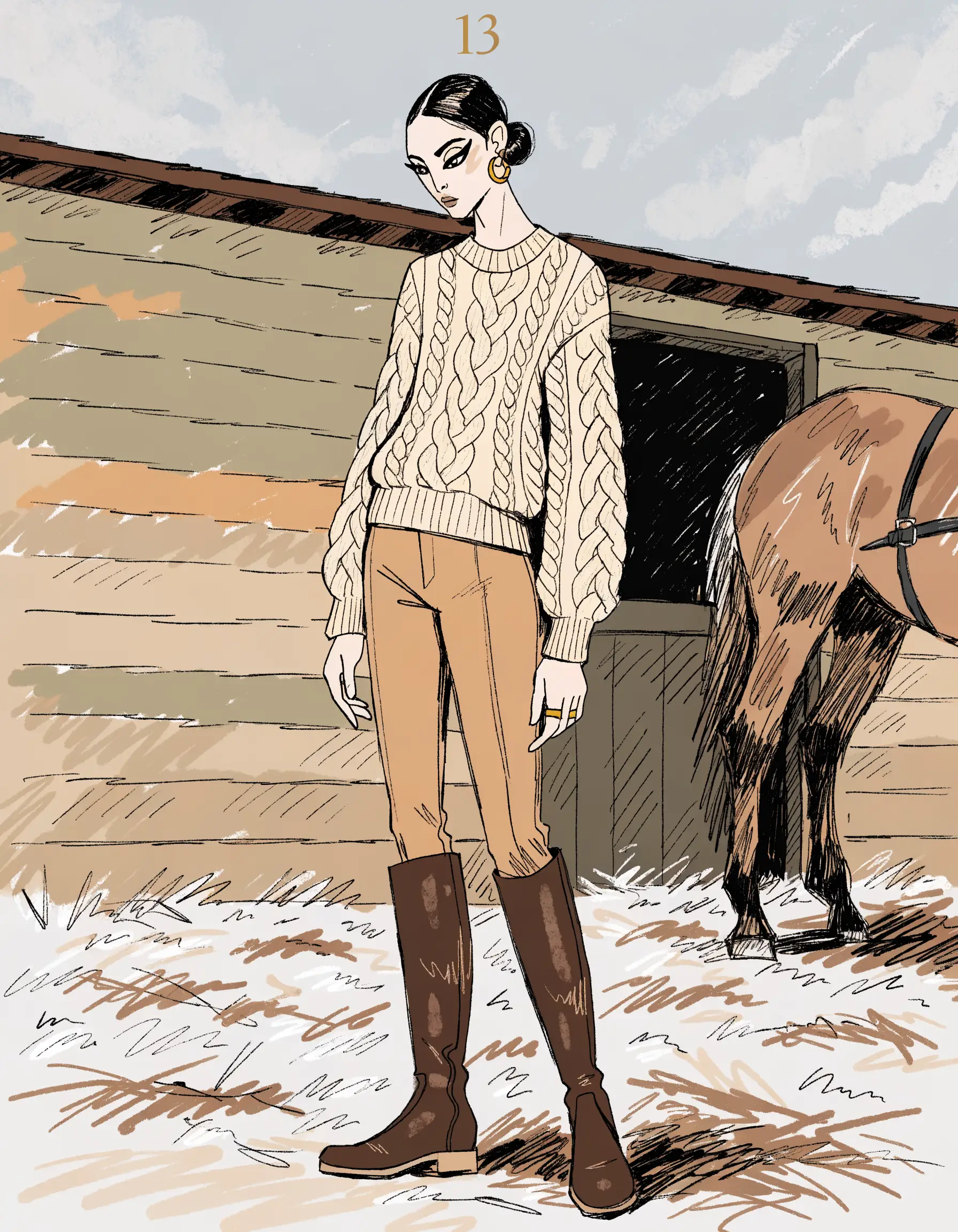 Illustrated Old Money Equestrian archetype portrait, ranked number 13