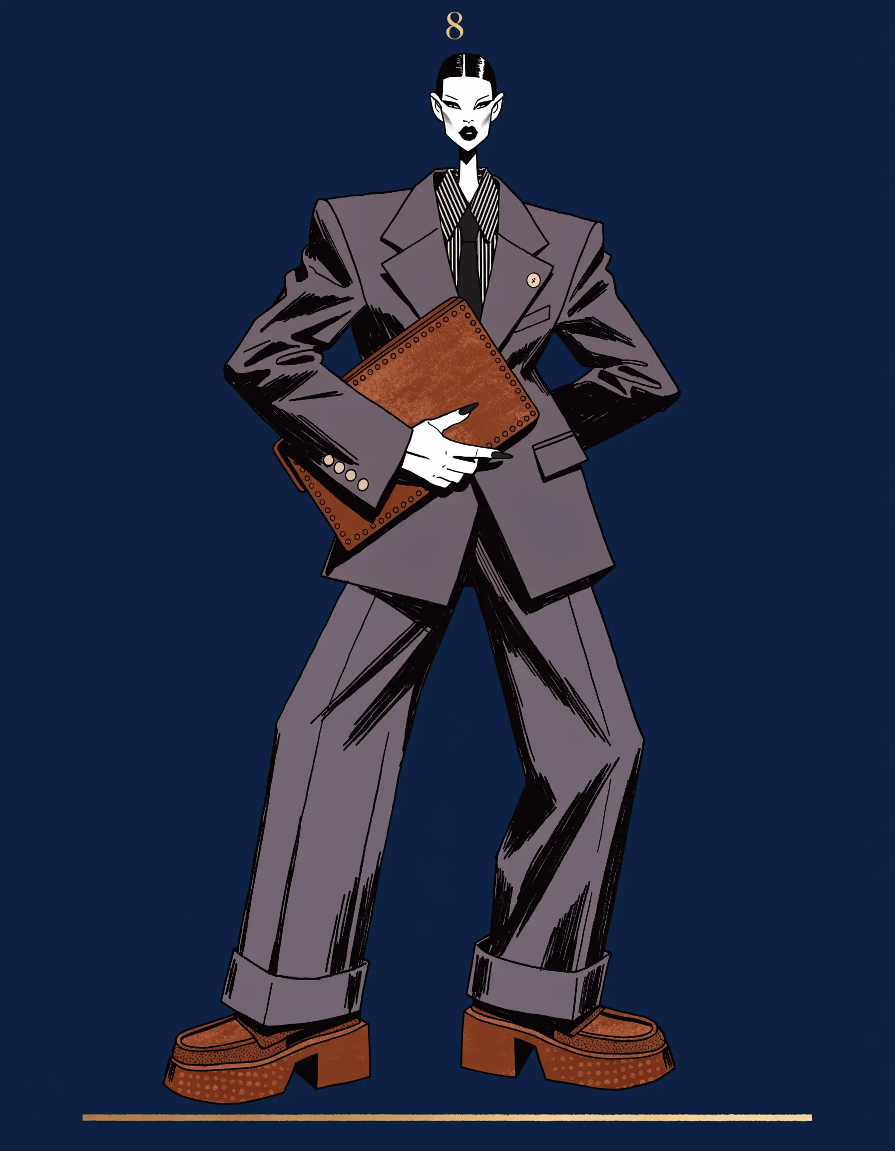 Illustrated Corporate Baddie archetype portrait, ranked number 8