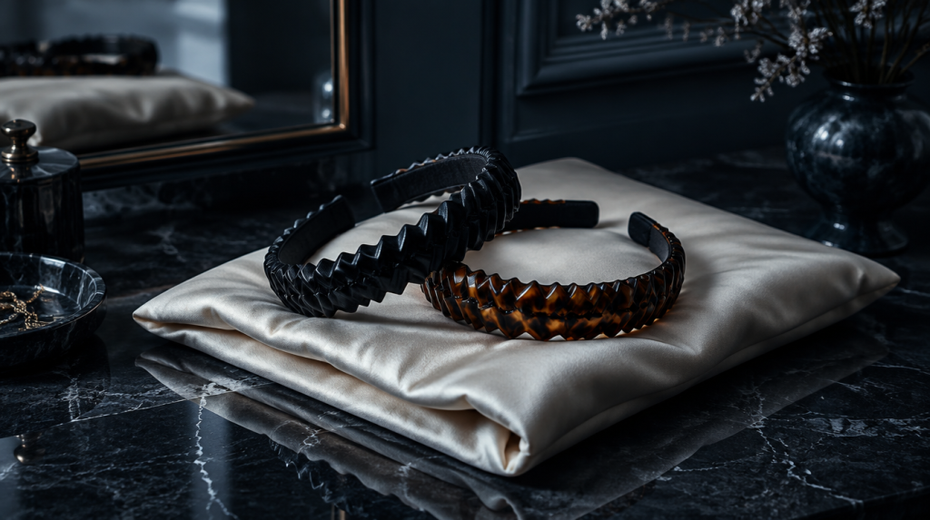Pair of black and tortoiseshell zigzag headbands resting on a cream silk pillowcase on a dark marble vanity