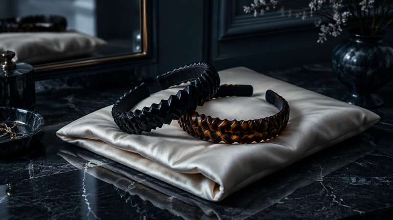 Pair of black and tortoiseshell zigzag headbands resting on a cream silk pillowcase on a dark marble vanity