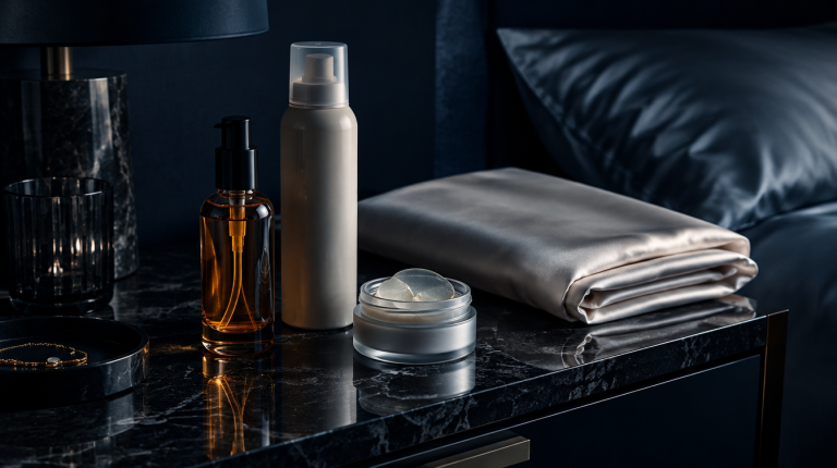 Amber hair serum bottle, mousse canister, folded silk pillowcase and eye patch jar on a dark marble nightstand