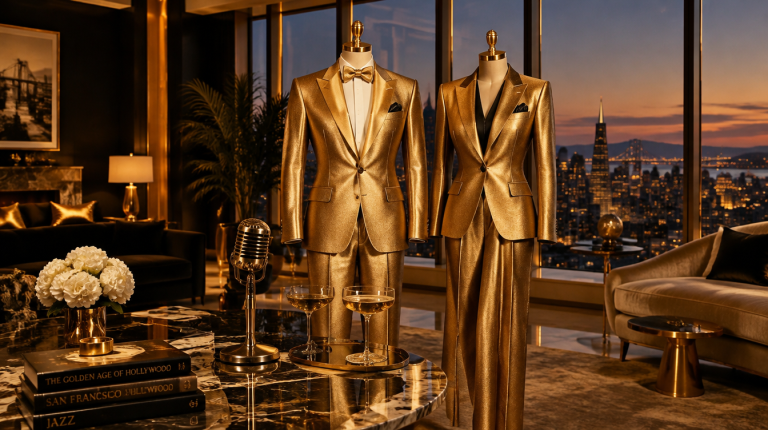Two matching metallic gold tailored suits on dress forms in a San Francisco mansion salon