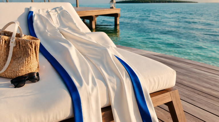 Ivory wide-leg trousers with a cobalt side stripe on a lounge chair at a private island dock