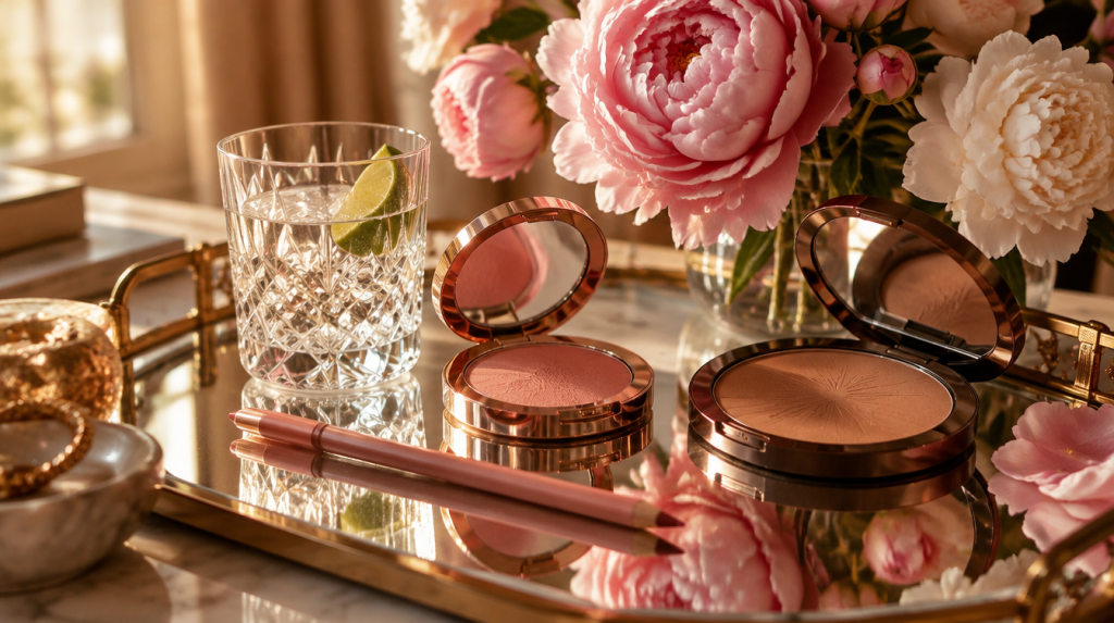 Lip pencil, blush and bronzer on a mirrored vanity tray with a tequila glass and peonies