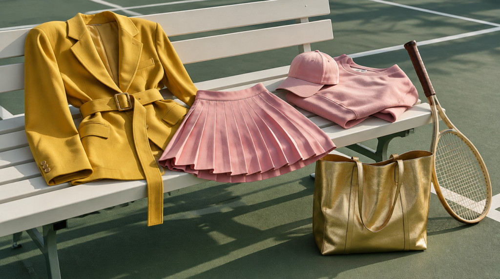 Mustard belted jacket and vintage-pink tennis skirt, cap and sweatshirt on a courtside bench