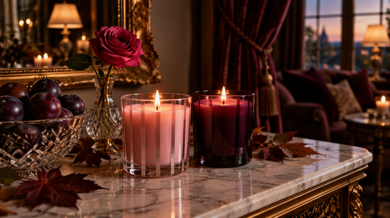 Two lit scented glass candles, one pink and one plum, on a marble console beside plums and a rose
