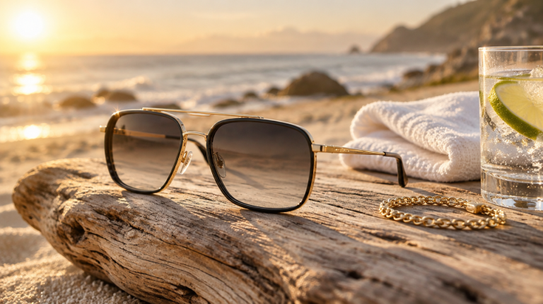 Oversized yellow-gold and black navigator sunglasses on driftwood at a beach at golden hour