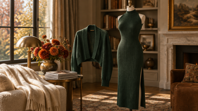 Dark green ribbed knit sweater dress and cropped shrug on a dress form in an autumn lounge