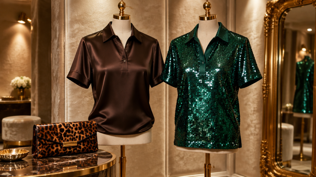 Brown satin polo and green sequined shirt on dress forms in a luxury dressing room
